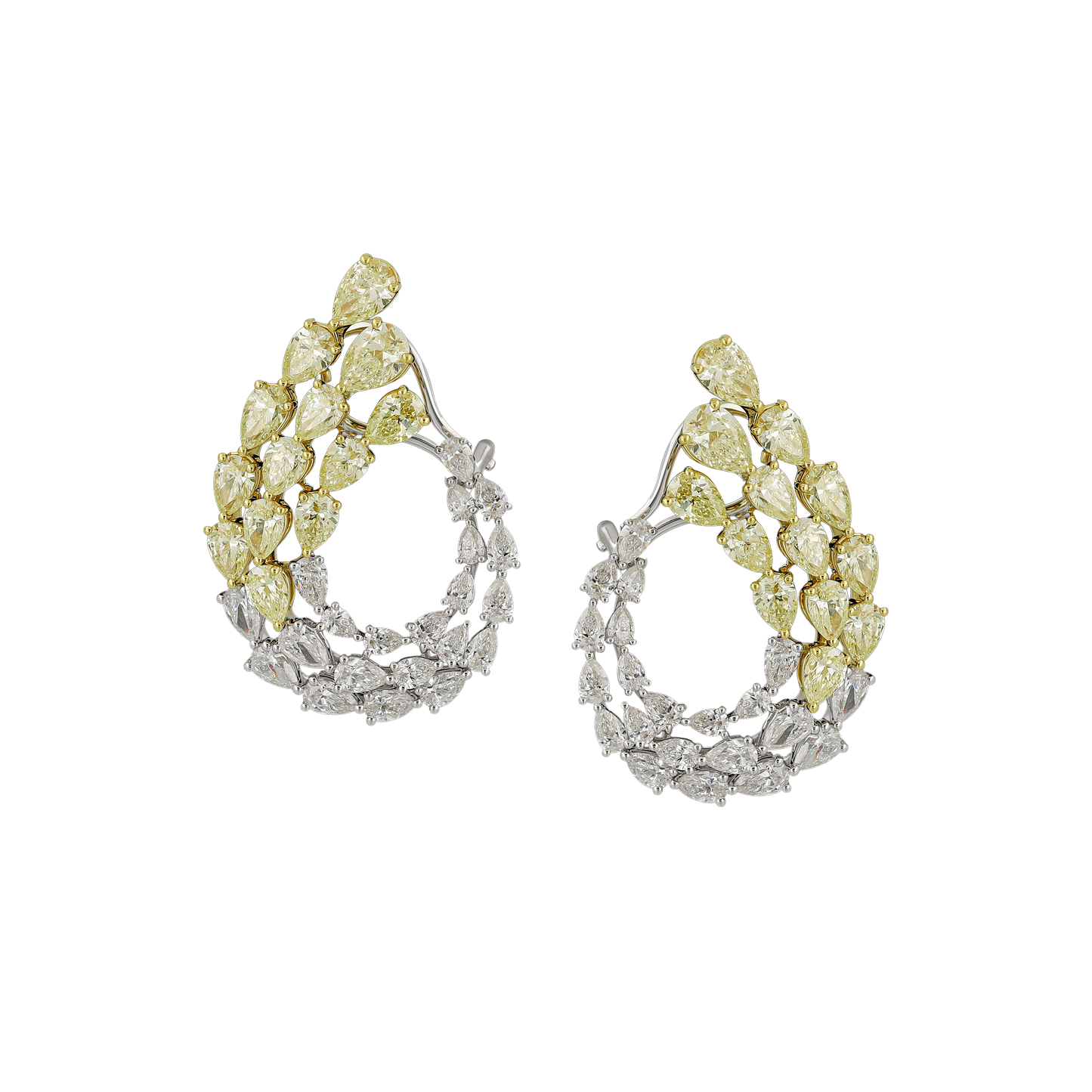 Broad White & Yellow Pear Diamond Drop Earrings