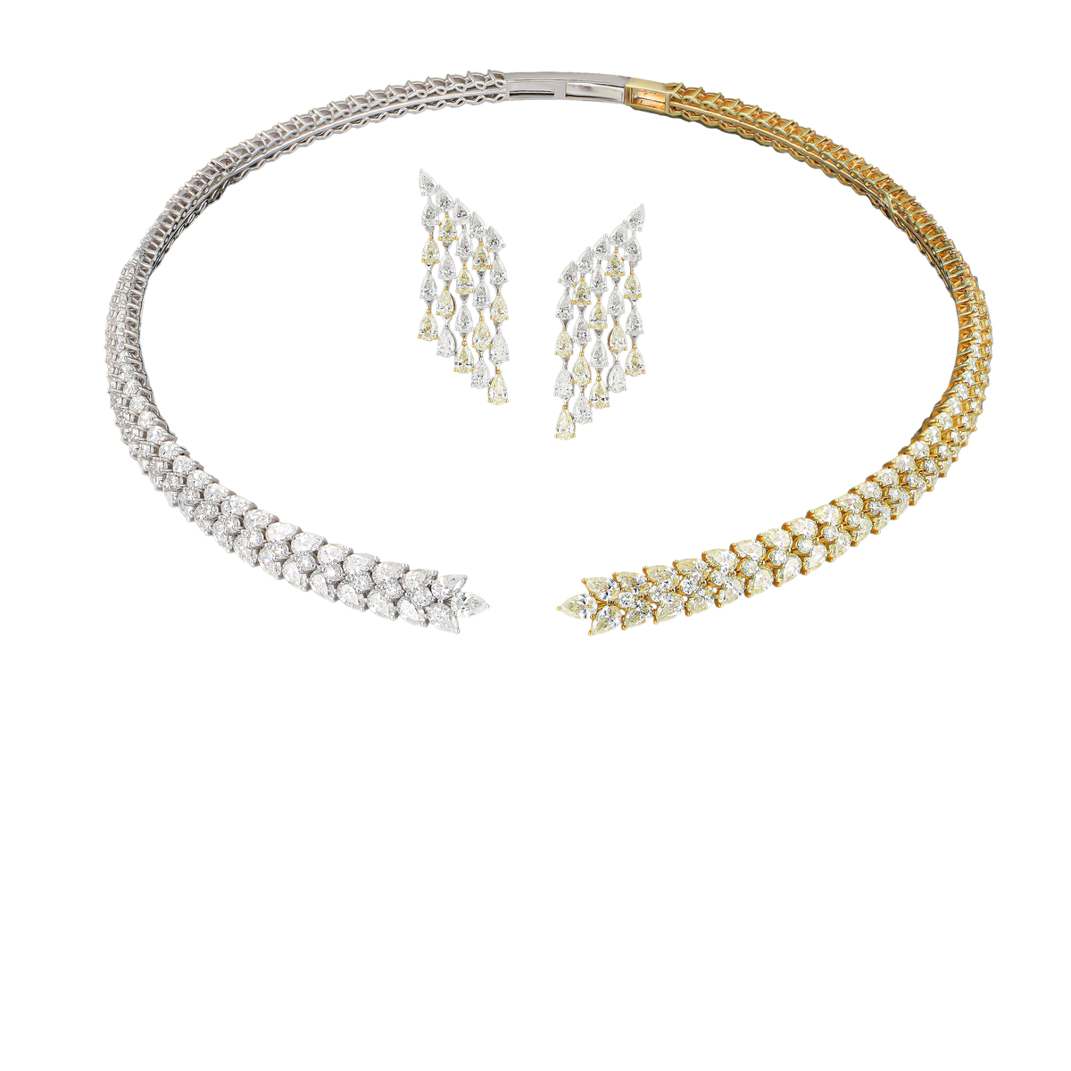 White & Yellow Pear Diamond Half Set — Necklace & Earrings