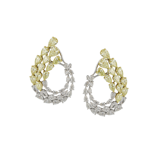 Broad White & Yellow Pear Diamond Drop Earrings